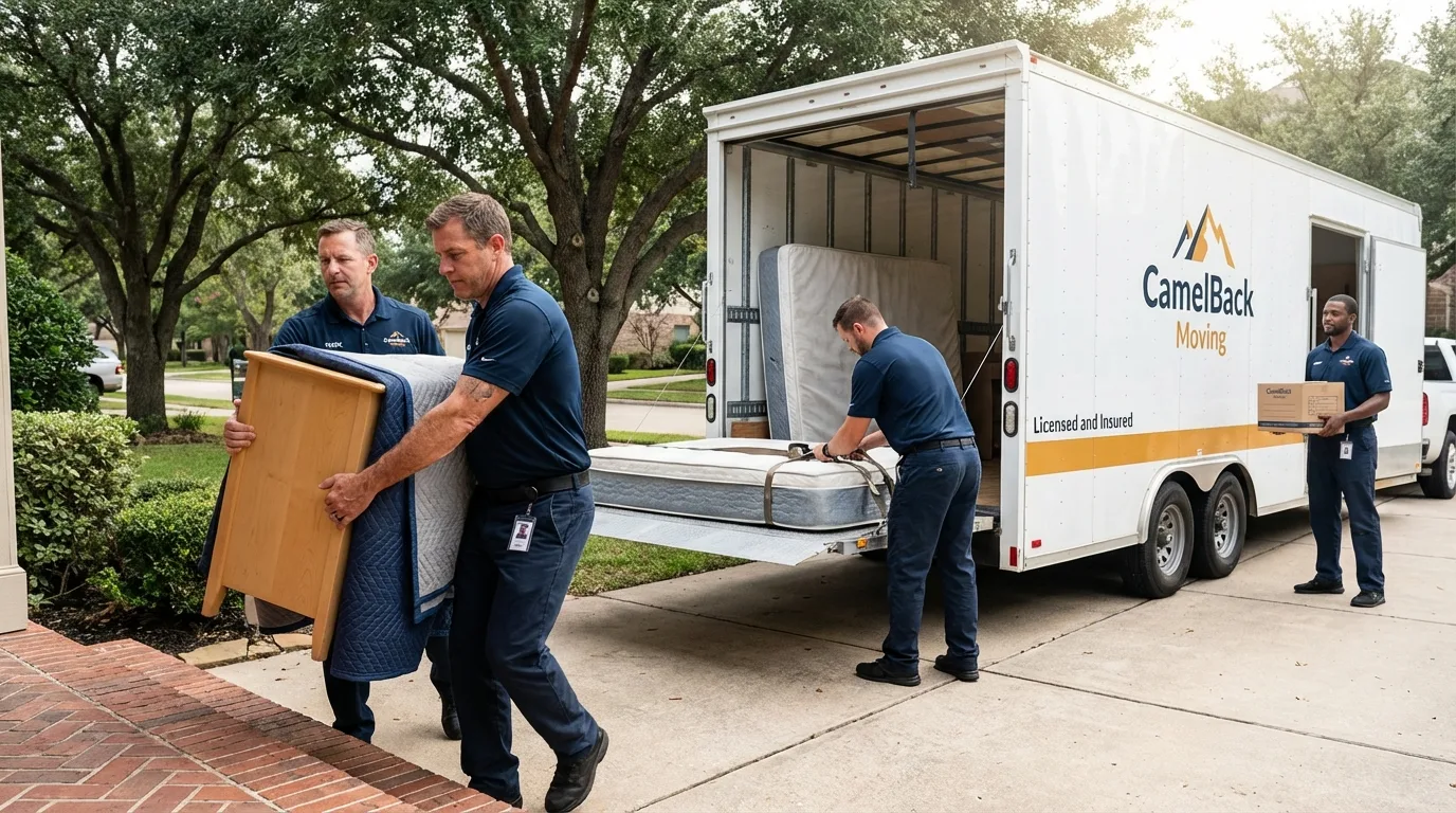 Crew loading residential truck for cross-state move from Clare, MI