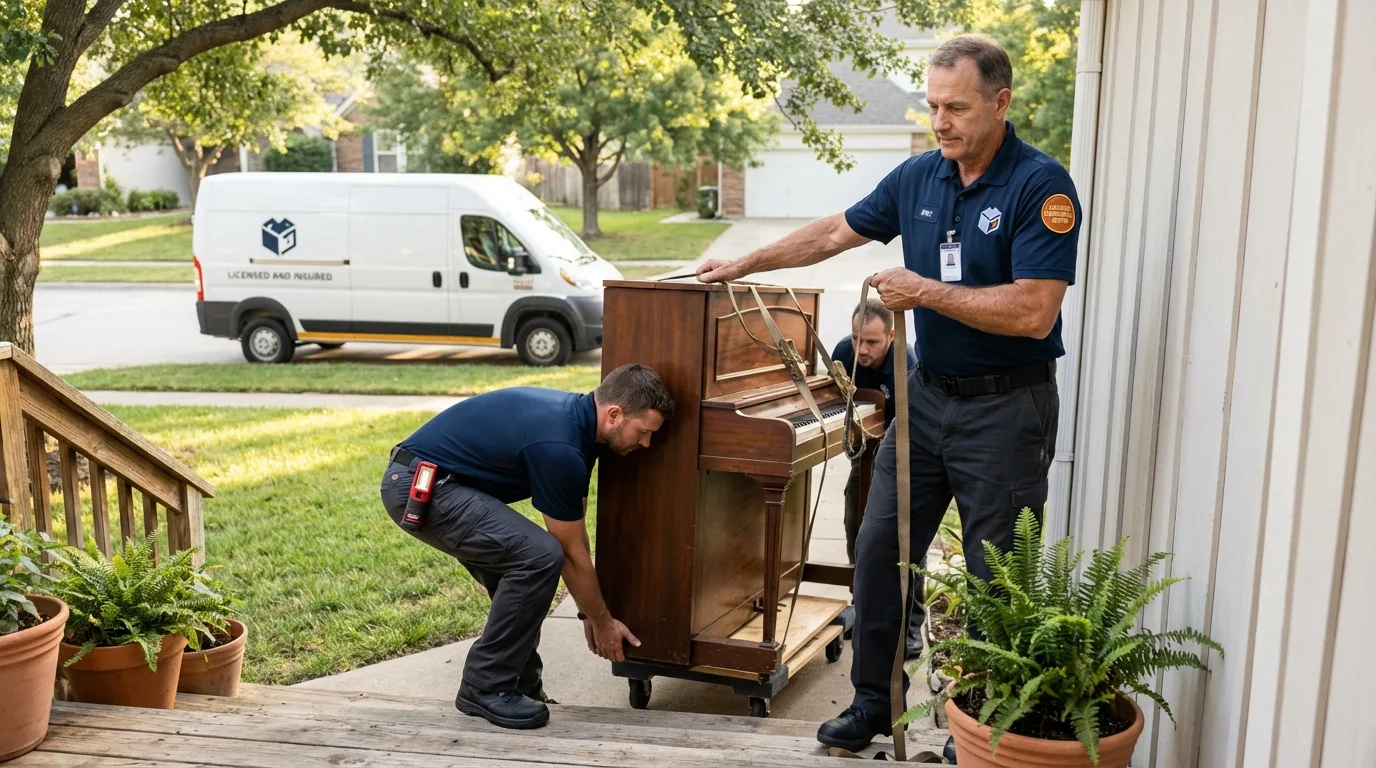 Licensed piano movers securing grand piano in Clare, MI