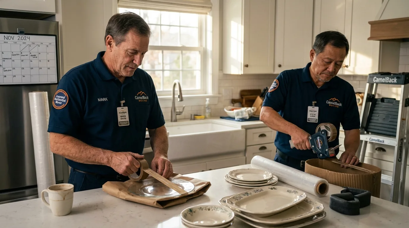 Professional crew packing kitchen dishware in Clare, MI